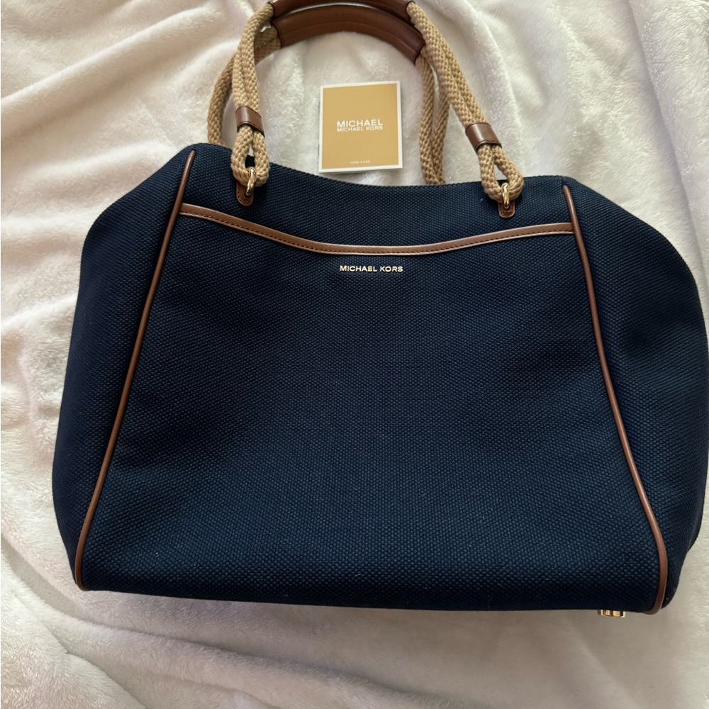 Michael Kors Dark Blue Tote with Tan Accents